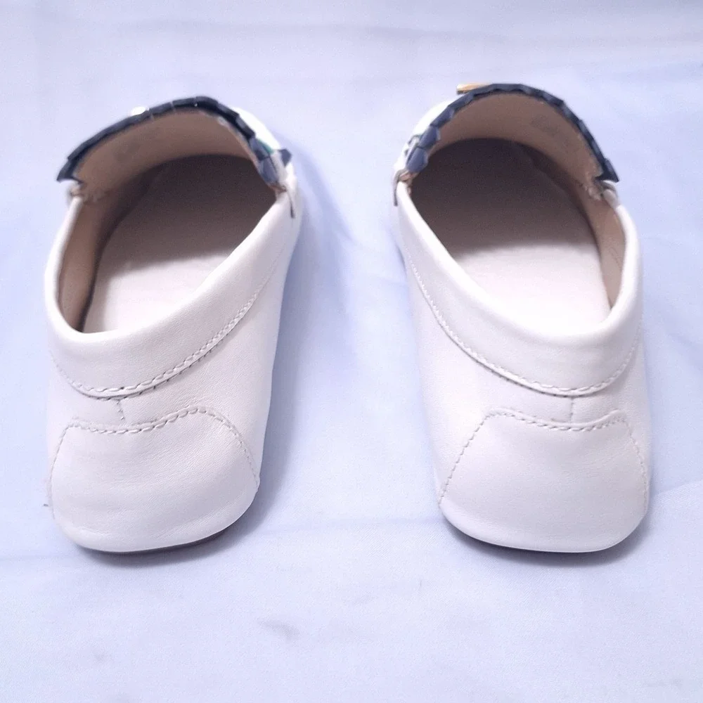 Tory Burch Gemini‎ Link Driver Leather Loafers White Navy Fringe Shoes Sz 6 NIB